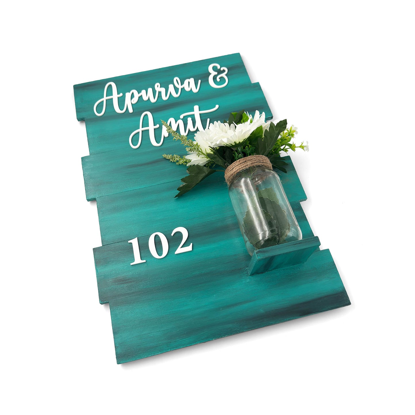 Teal Hand-Painted Wooden Name Plate With Jar For Home - Design 1