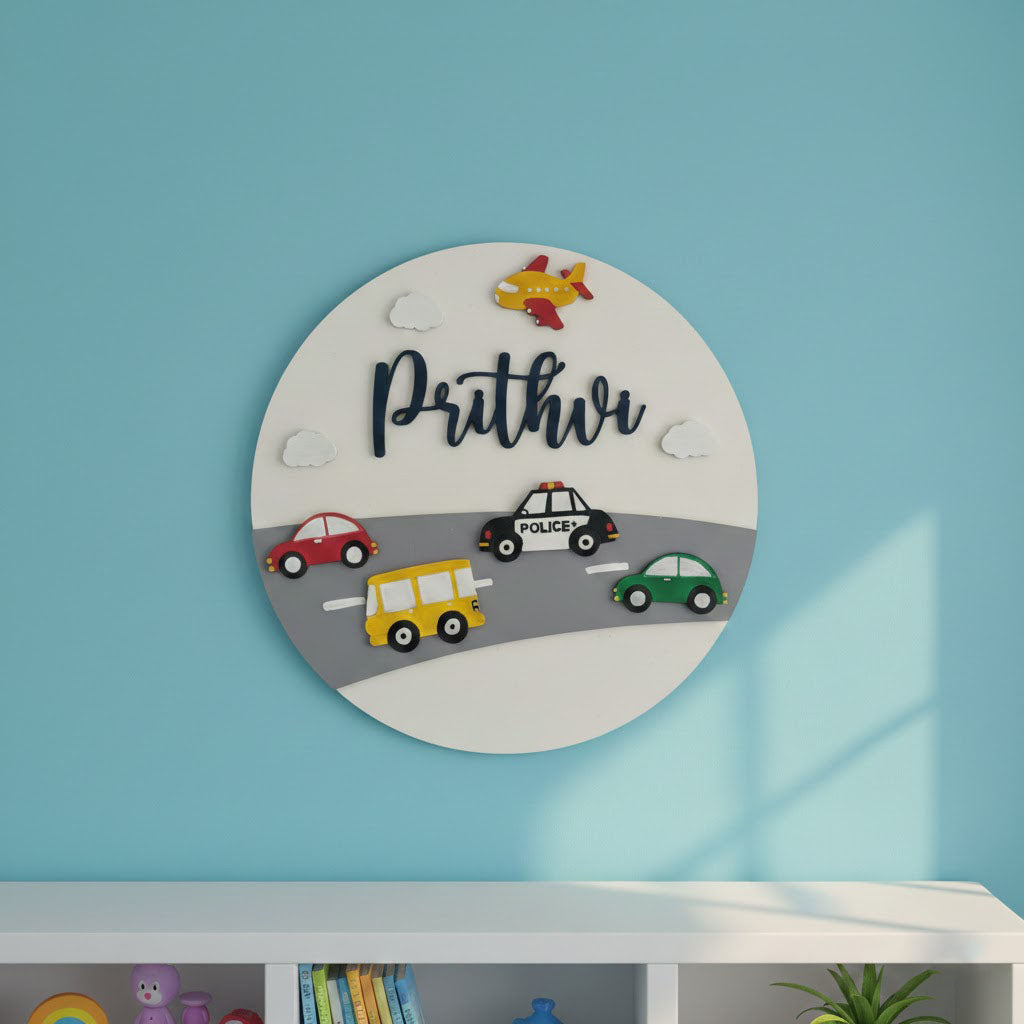 Vehicles Themed Hand-Painted Wooden Roumd Kids Name Plate - Design 1