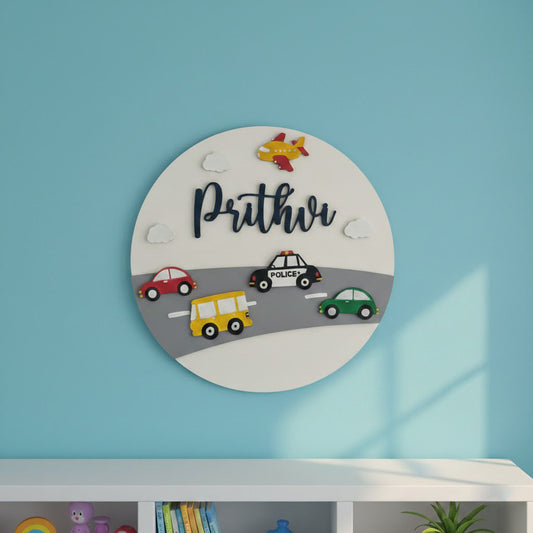 Vehicles Themed Hand-Painted Wooden Roumd Kids Name Plate - Design 1