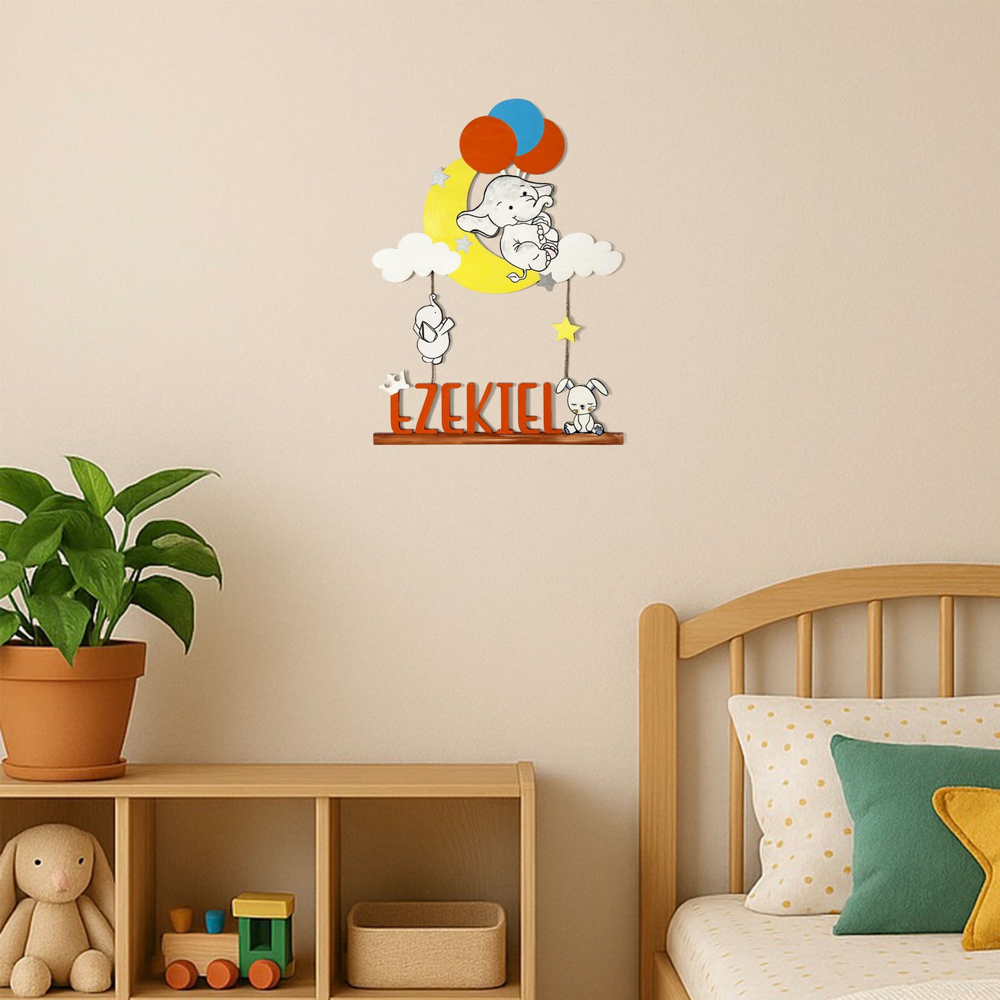 Elephant Themed Hand-Painted Wooden Kids Name Plate