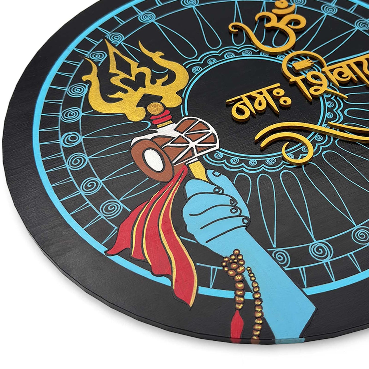 Om Namah Shivaya Hand-Painted Wooden Round Wall Hanging With Shiva Trishul - Blue