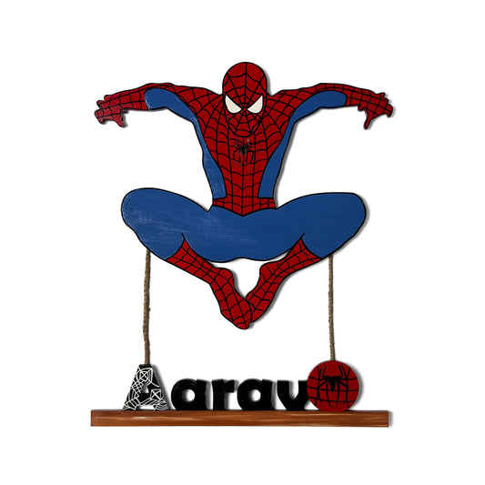 Spiderman Themed Hand-Painted Wooden Kids Name Plate