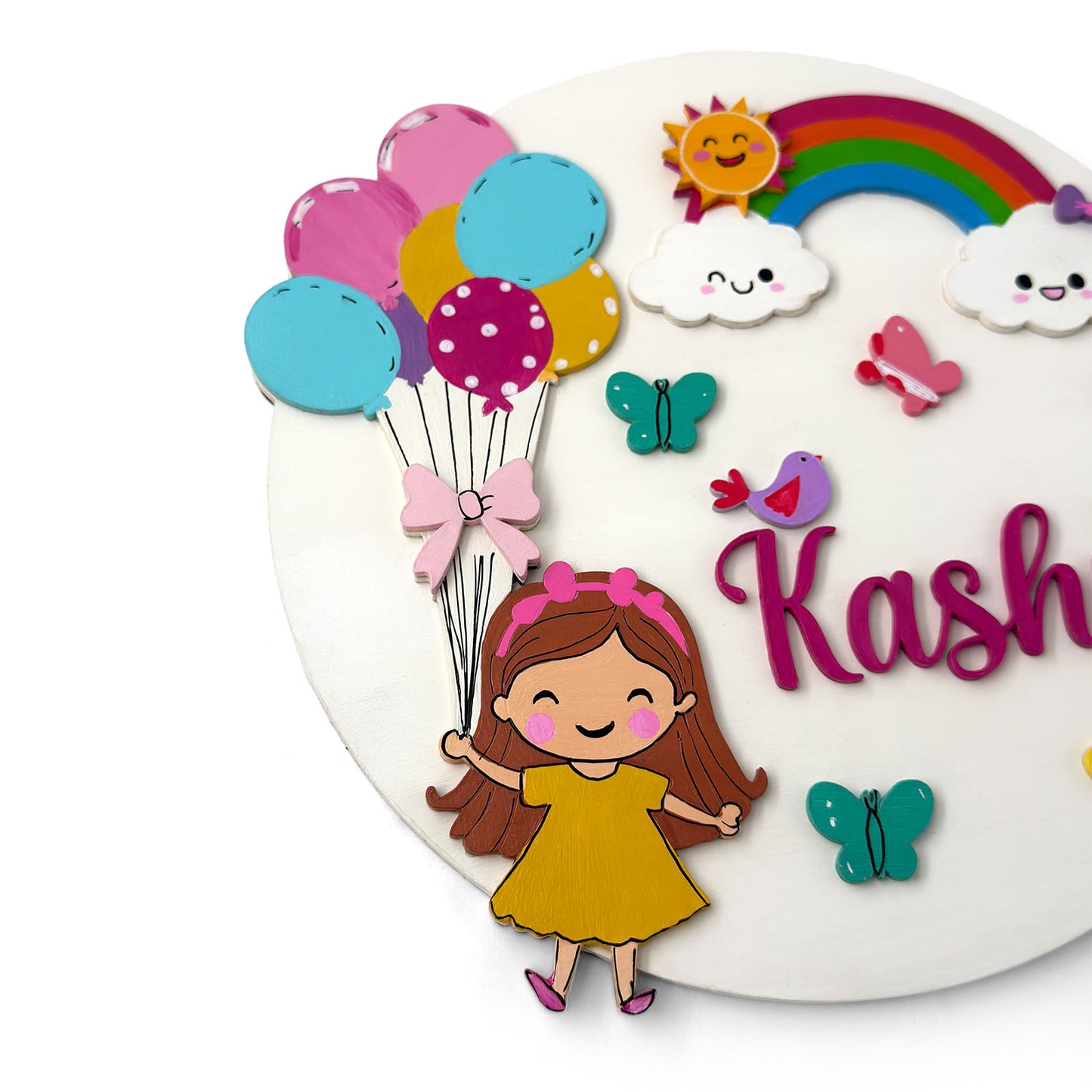 Girl With Balloons Themed Hand-Painted Wooden Round Kids Name Plate