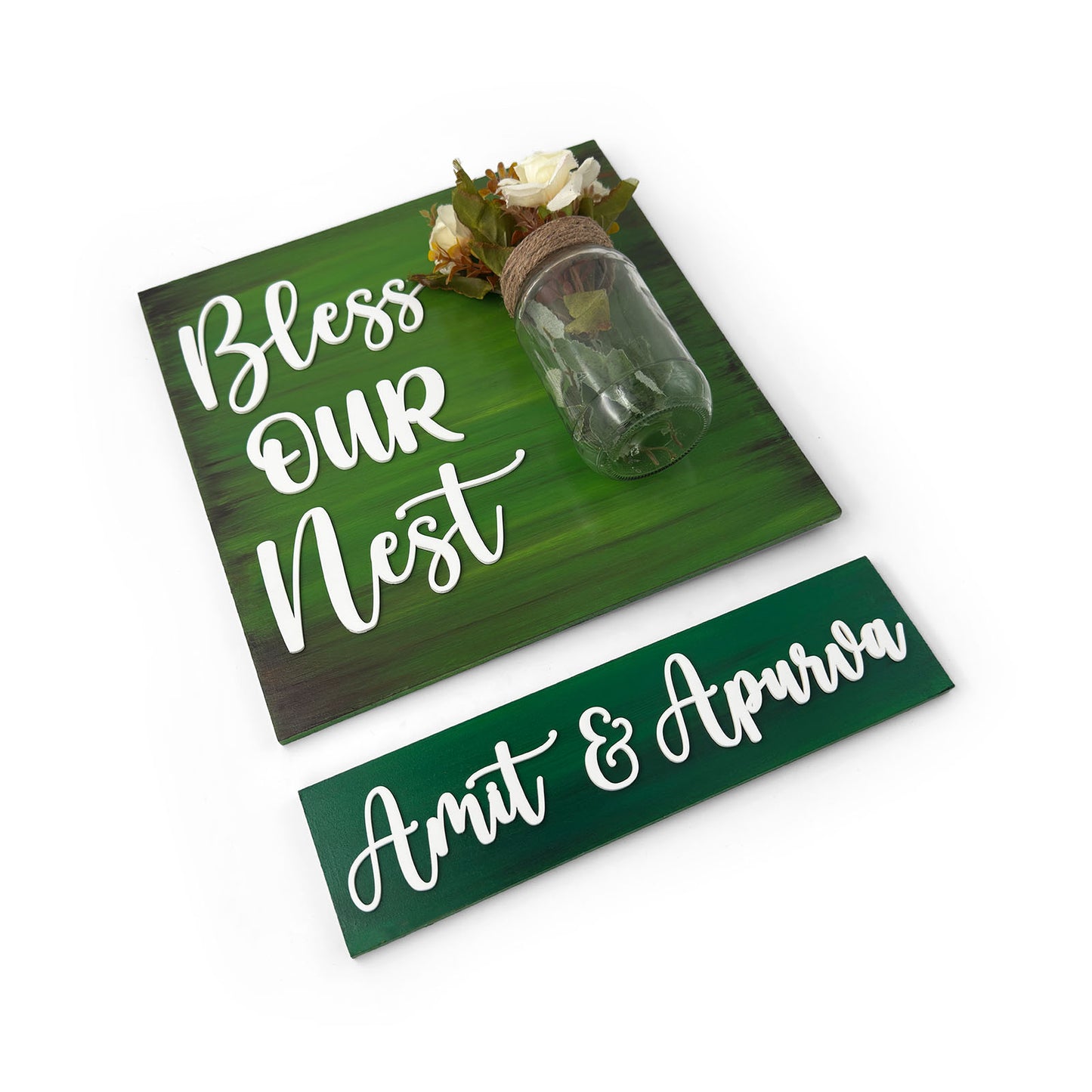 Green Hand-Painted Wooden Name Plate With Jar For Home - Jar Board & One Plank