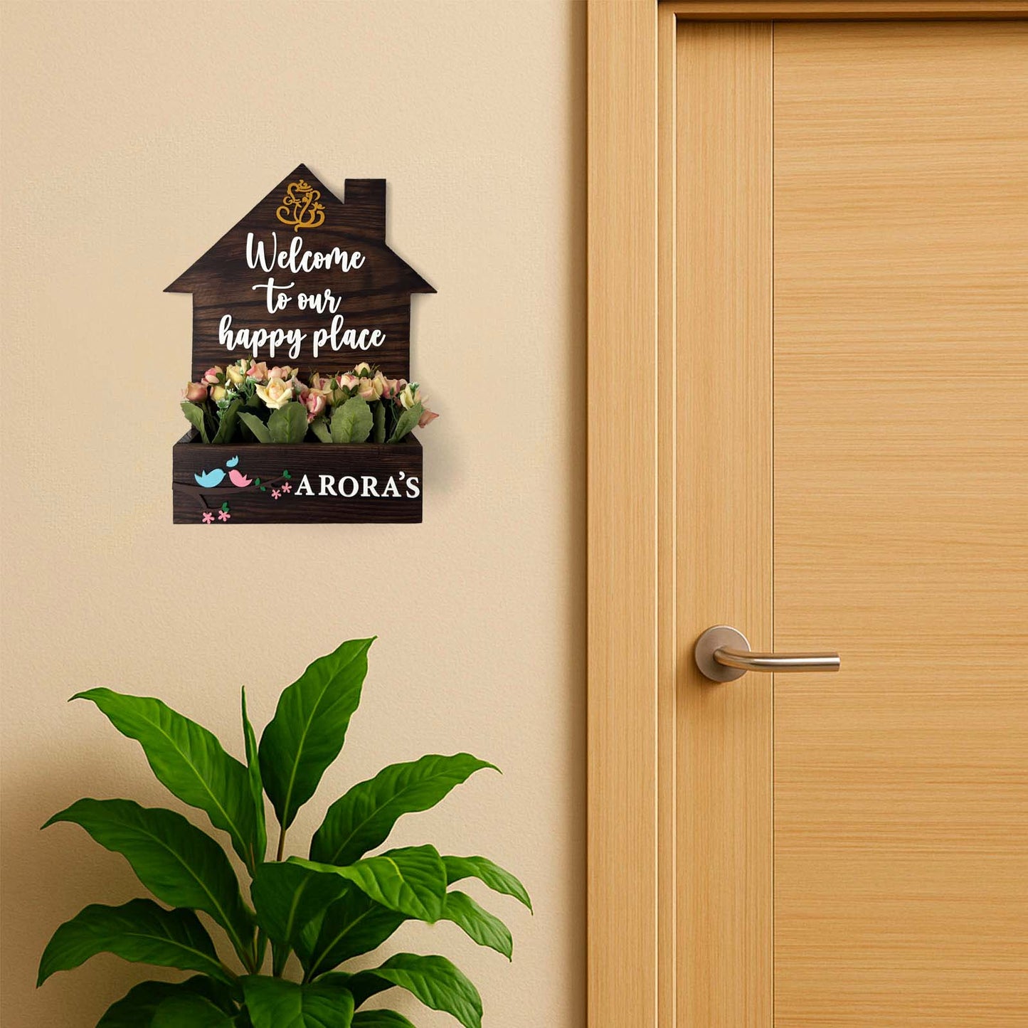 Hut-Shaped Hand-Painted Wooden Planter Name Plate For Home - Wooden Finish