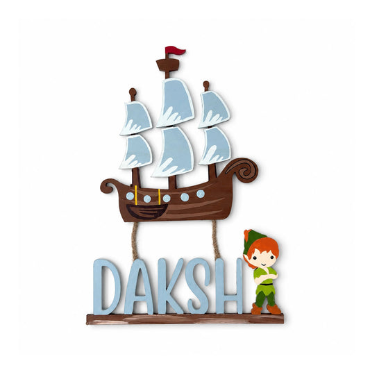 Peter Pan’s Neverland Pirate Ship Themed Hand-Painted Wooden Kids Name Plate - Design 1