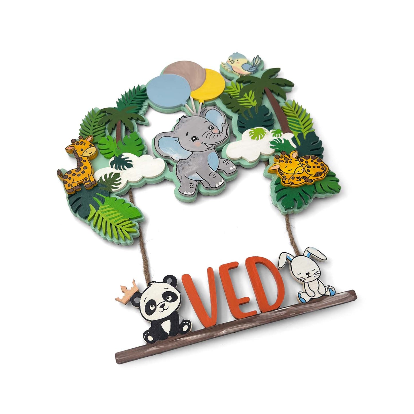 Animal Themed Hand-Painted Wooden Kids Name Plate - Design 5