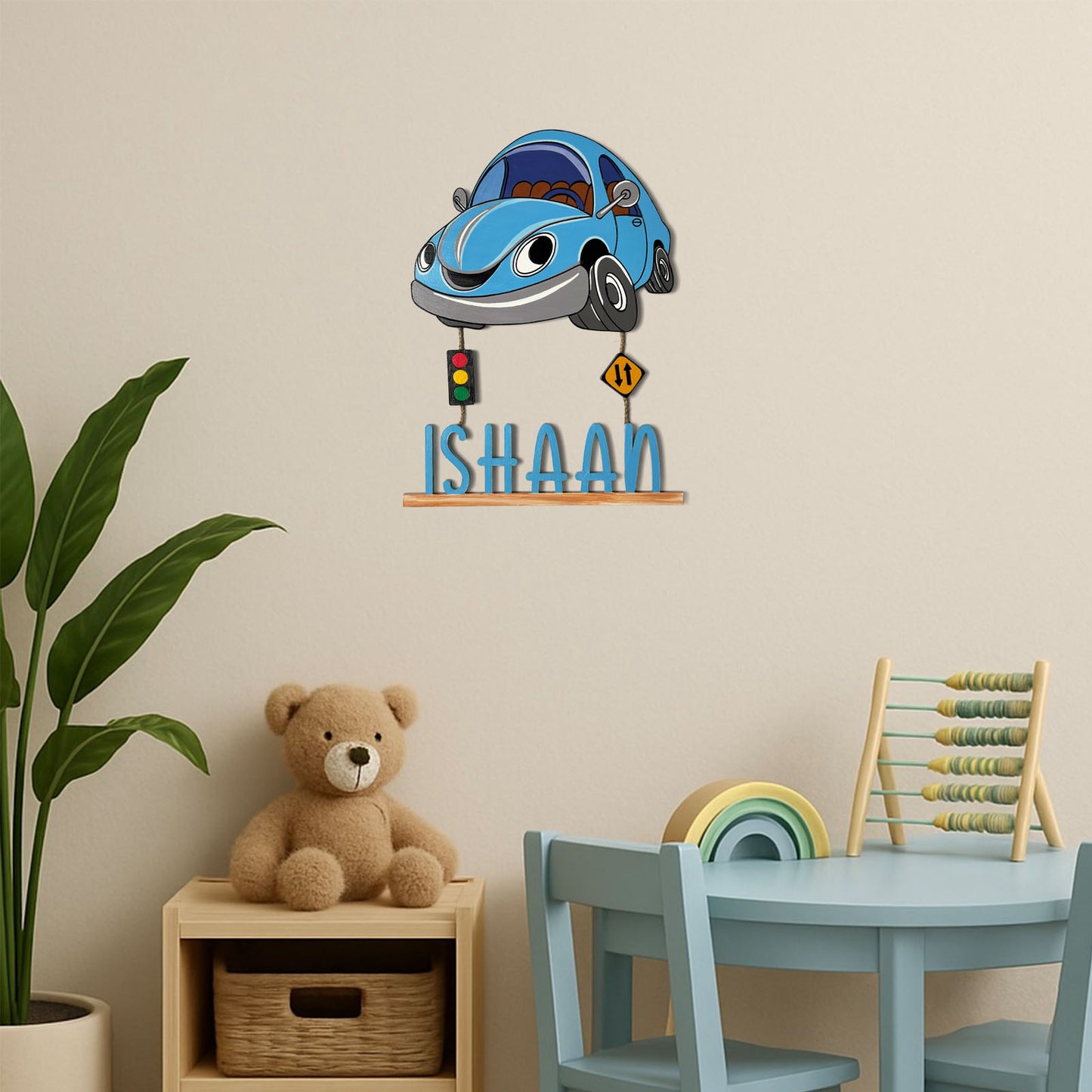 Car Themed Hand-Painted Wooden Kids Name Plate