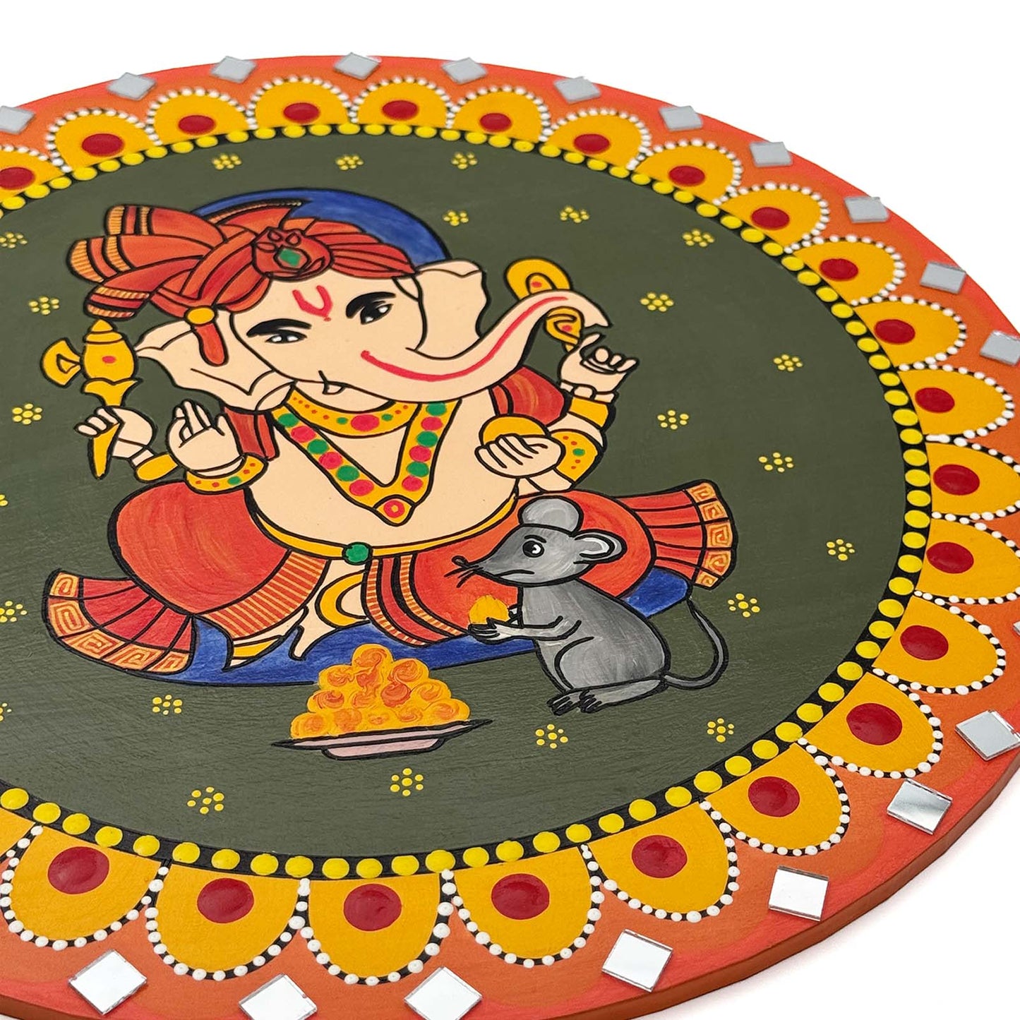 Ganesha Hand-Painted Wooden Mandala Wall Hanging - Green