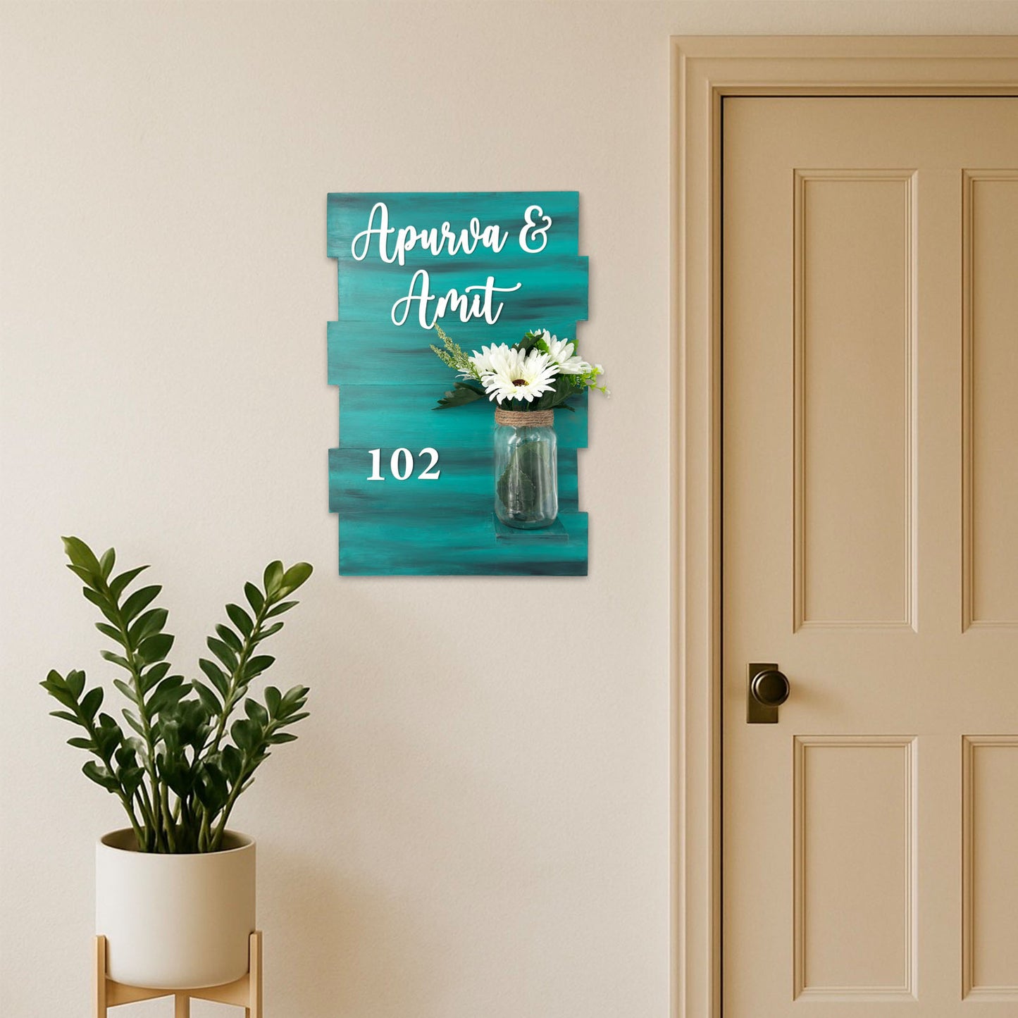 Teal Hand-Painted Wooden Name Plate With Jar For Home - Design 1