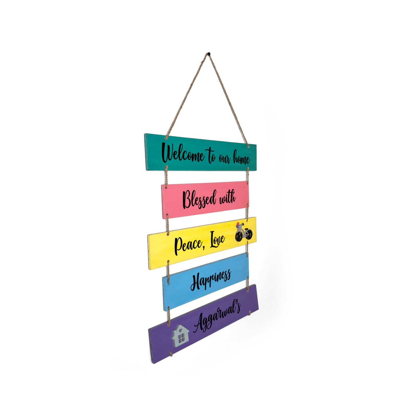 Welcome To Our Home Blessed With Peace, Love, & Happiness Hand-Painted Wooden Plank Name Plate For Home