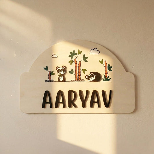 Panda Themed Hand-Painted Wooden Arch-Shaped Kids Name Plate