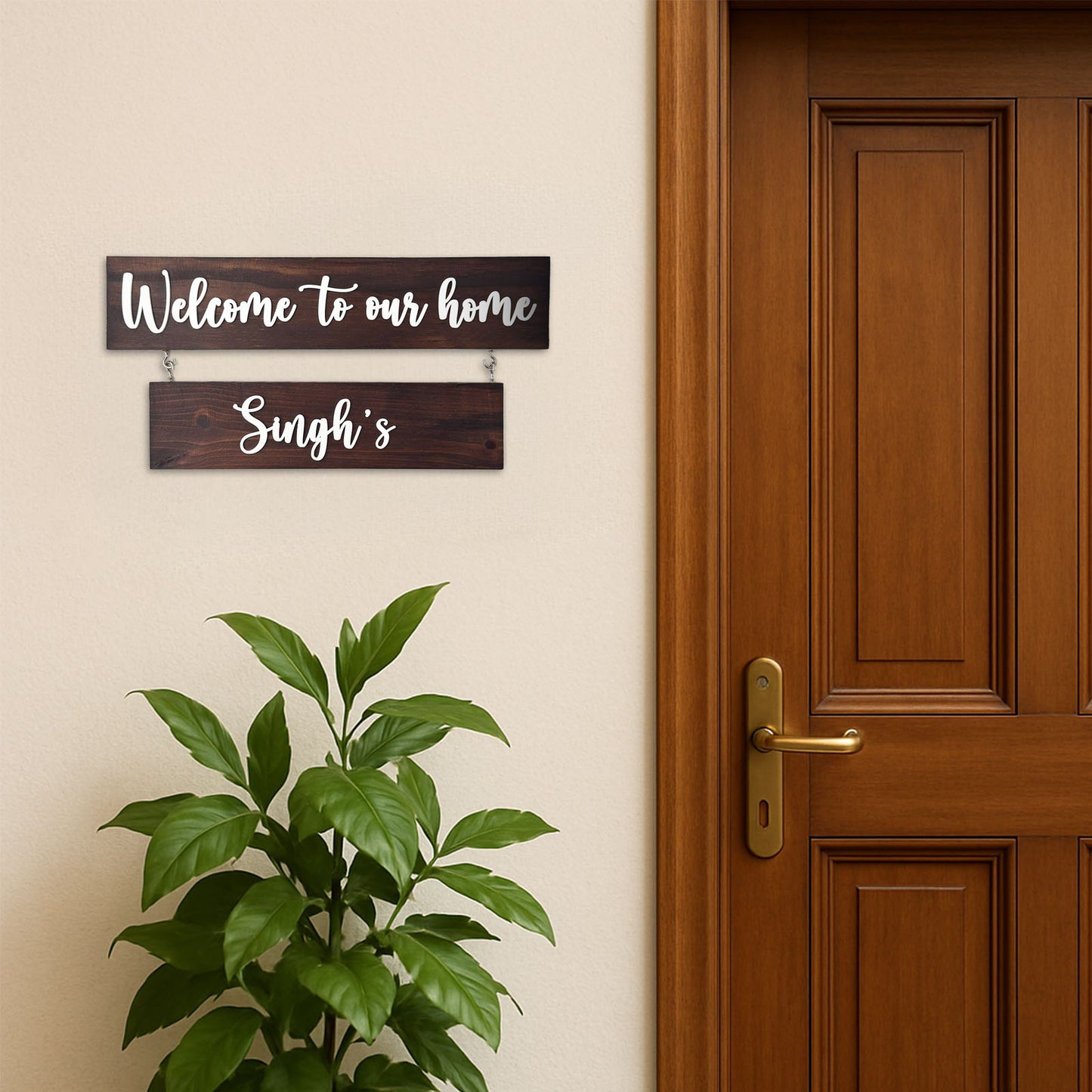 Two Plank Hand-Painted Wooden Name Plate For Home - Wooden Finish