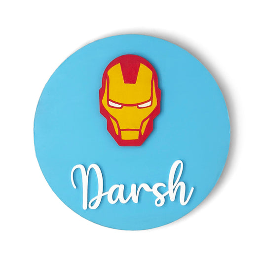 Iron Man Face Themed Hand-Painted Wooden Name Plate For Kids