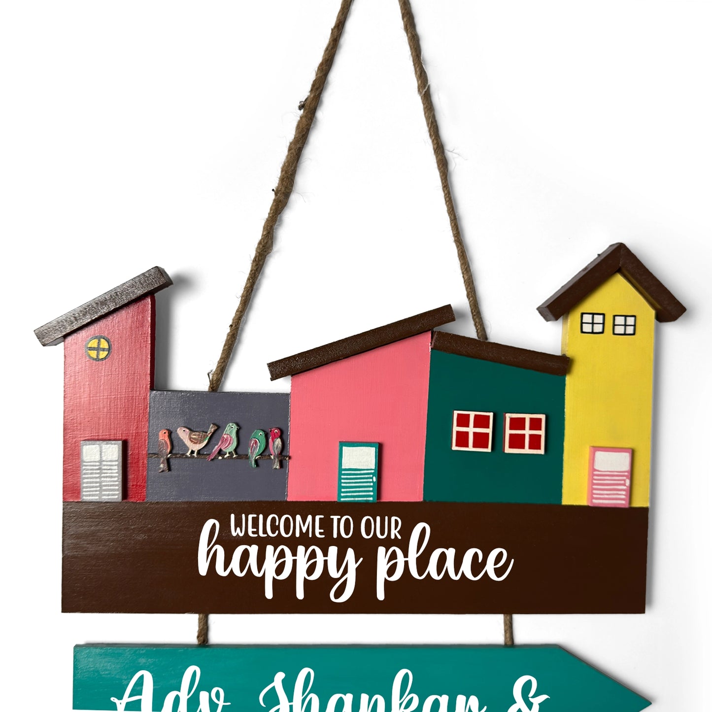 Hut-Shaped Hand-Painted Wooden Name Plate For Home - Hut Board & Three Planks Design 4