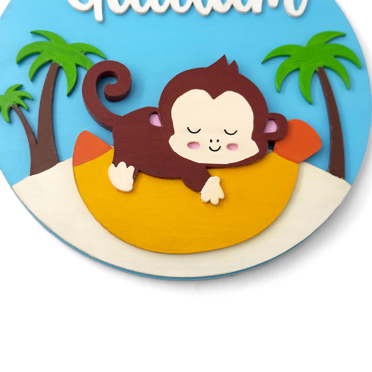 Monkey Themed Hand-Painted Wooden Round Kids Name Plate - Design 1