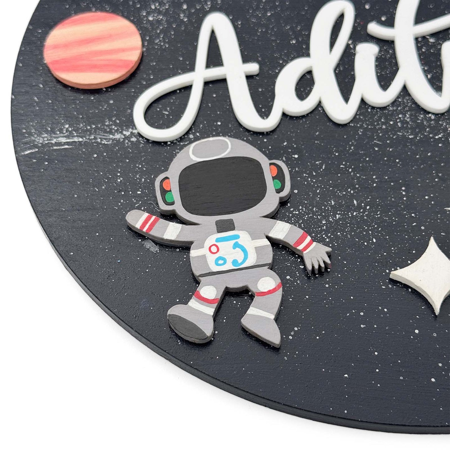 Space Themed Hand-Painted Wooden Round Kids Name Plate - Design 1