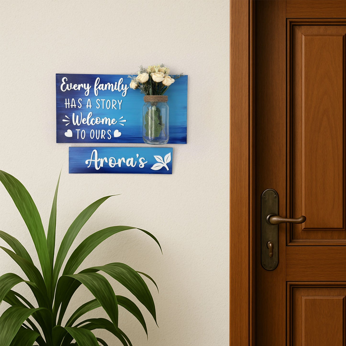 Every Family Has A Story Welcome To Ours Hand-Painted Wooden Name Plate With Jar For Home - Jar Board & One Plank