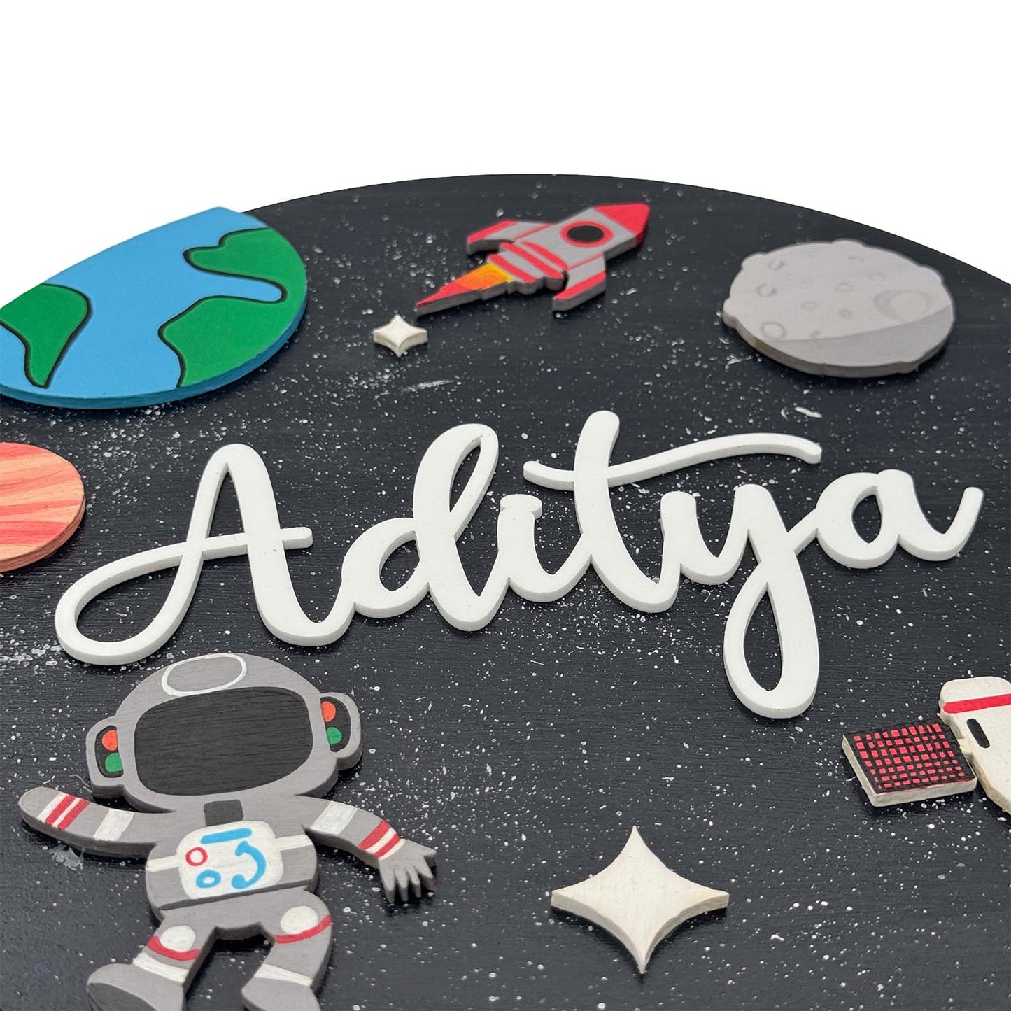 Space Themed Hand-Painted Wooden Round Kids Name Plate - Design 1