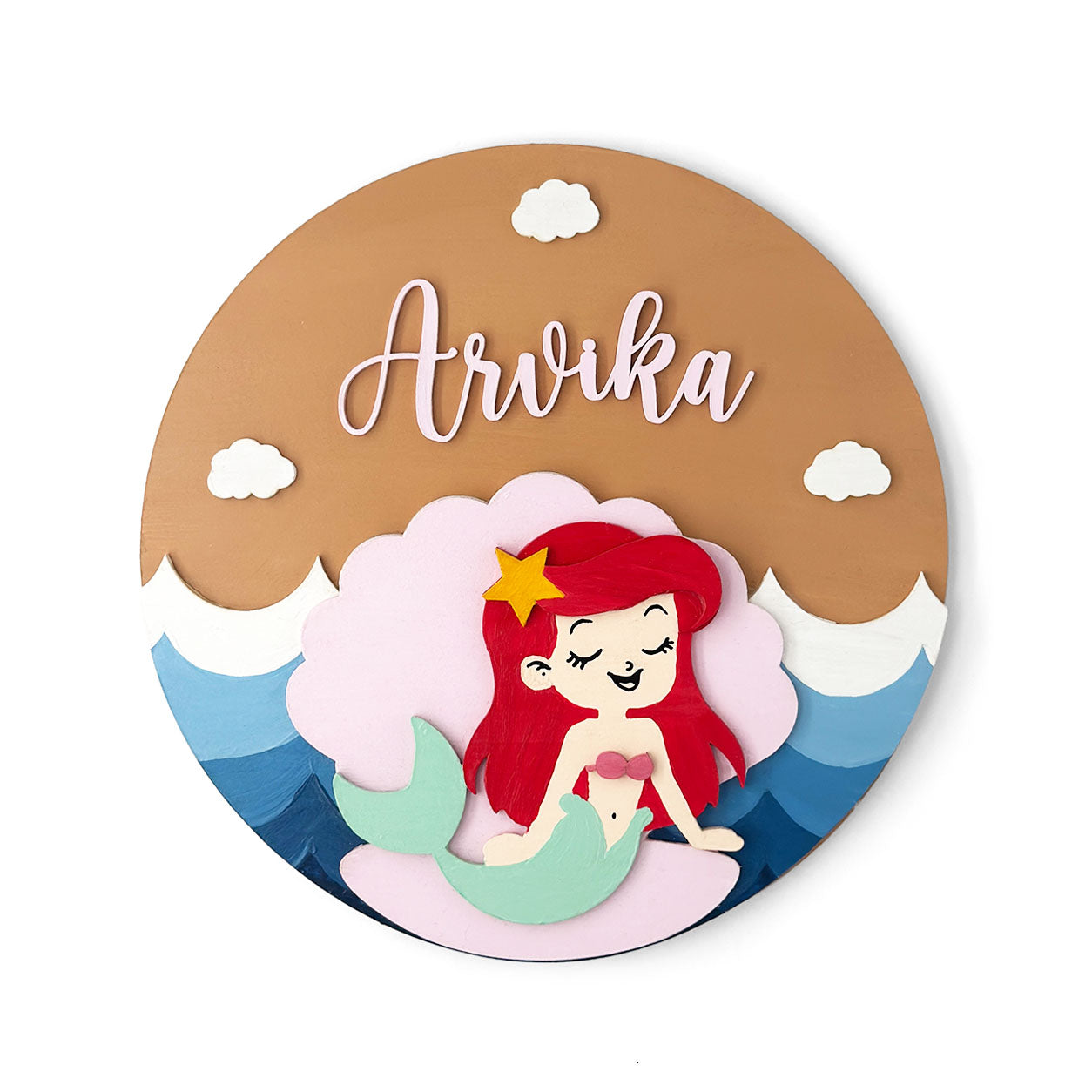 Mermaid Themed Hand-Painted Wooden Round Kids Name Plate - Design 2