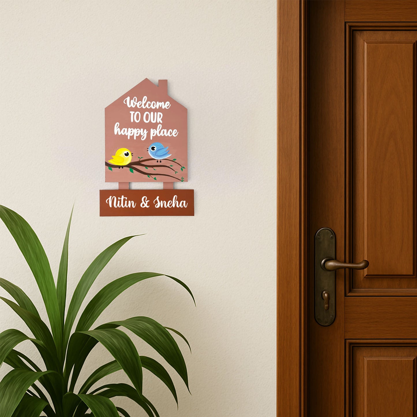Birds Themed Hut-Shaped Hand-Painted Wooden Name Plate For Home - Hut & One Plank
