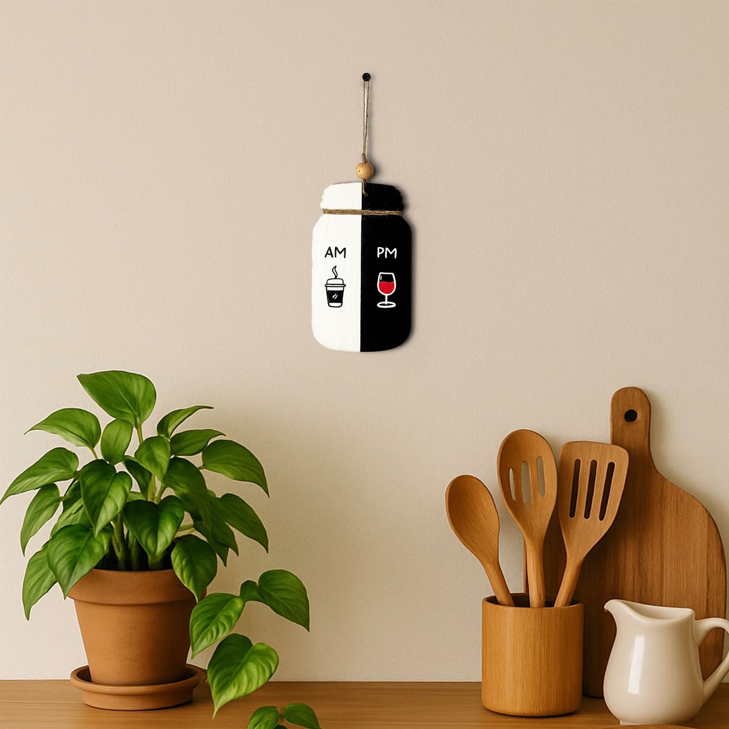 AM PM Hand-Painted Wooden Jar Kitchen Wall Hanging