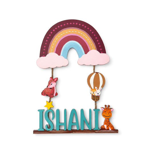 Rainbow & Animals Themed Hand-Painted Wooden Kids Name Plate - Design 1