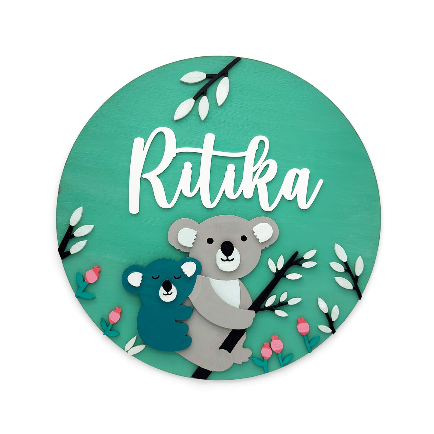 Bear Themed Hand-Painted Wooden Round Kids Name Plate