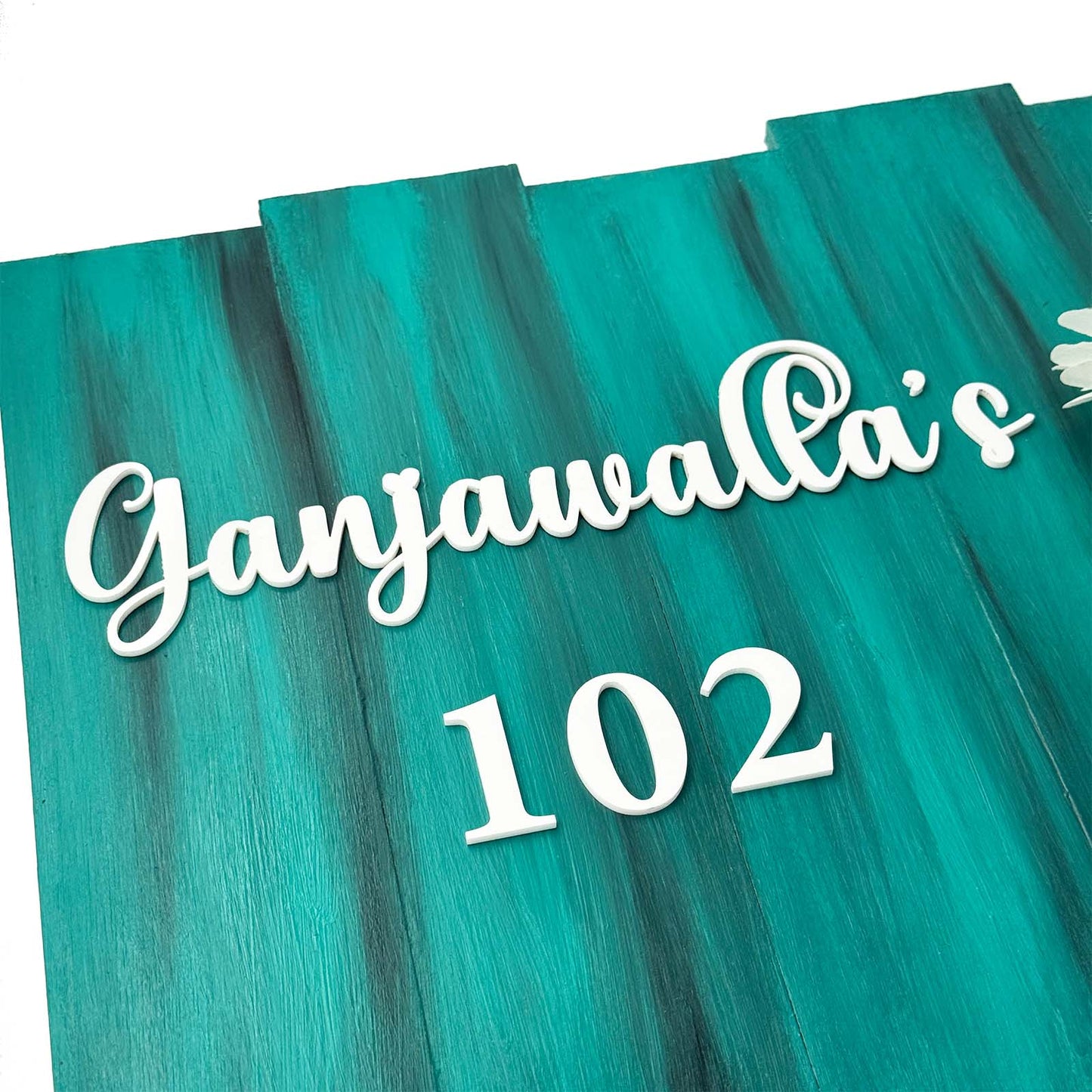 Teal Hand-Painted Wooden Name Plate With Jar For Home - Design 2