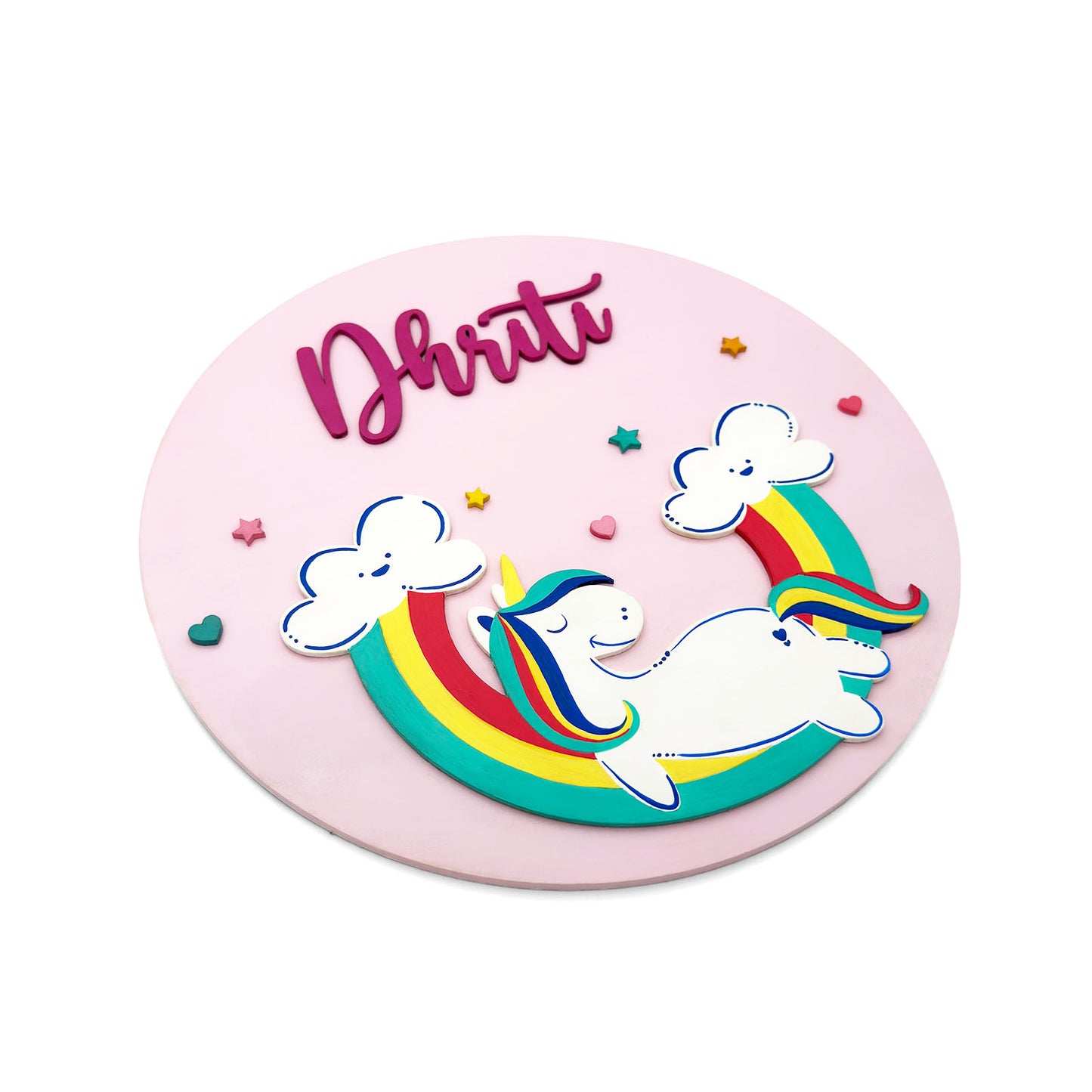 Unicorn Themed Hand-Painted Wooden Round Kids Name Plate - Design 2