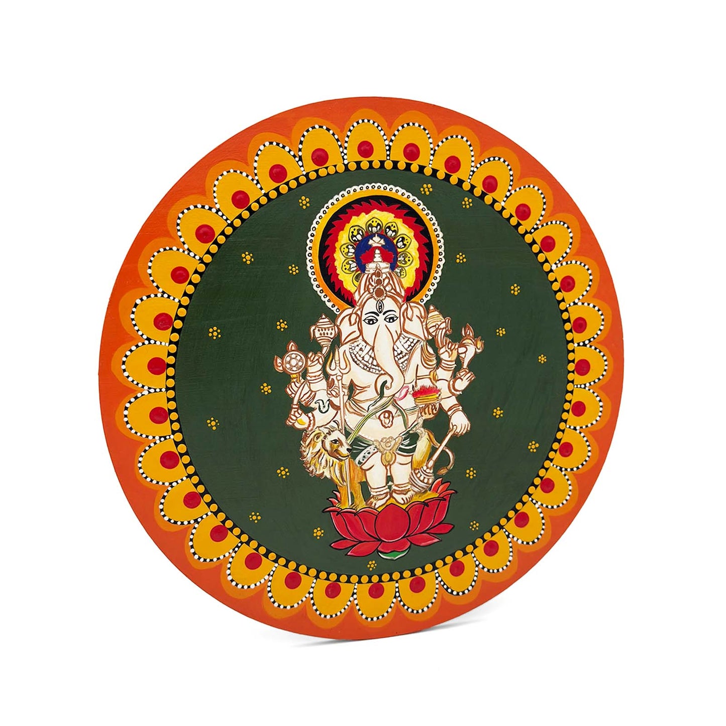 Ganpati Ji Hand-Painted Wooden Mandala Wall Hanging - Green