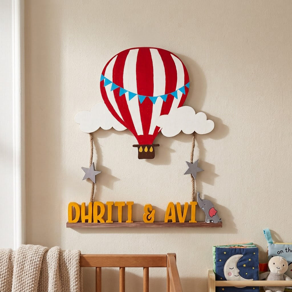 Hot Air Balloon Themed Hand-Painted Wooden Kids Name Plate - Design 1
