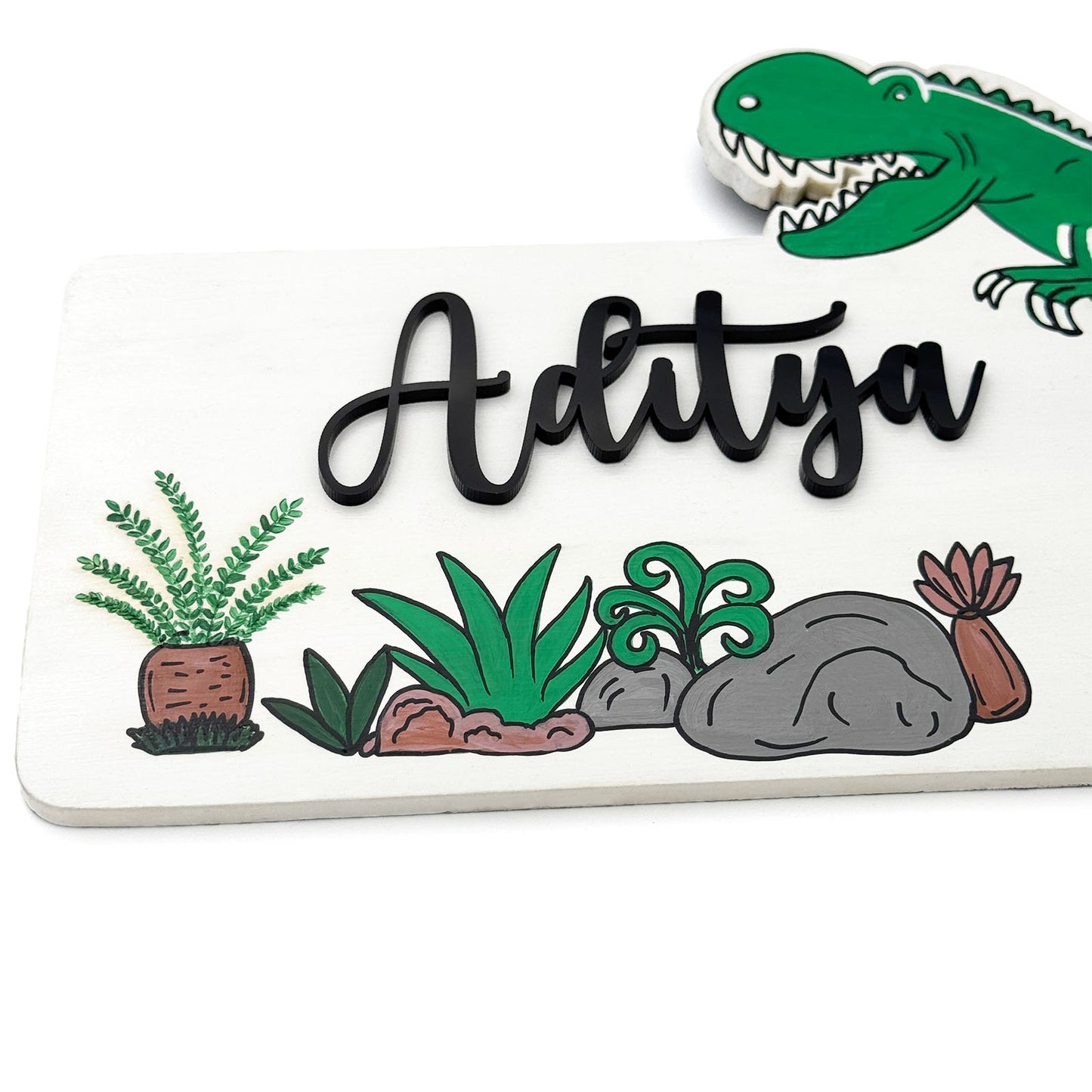 Dinosaur Themed Hand-Painted Wooden Kids Name Plate - White