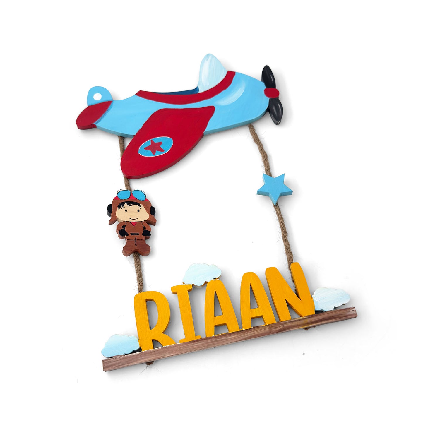 Airplane Pilot Themed Hand-Painted Wooden Kids Name Plate - Design 3