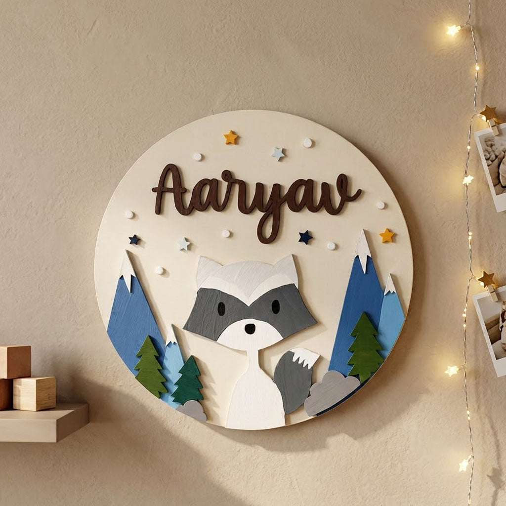 Racoon Themed Hand-Painted Wooden Round Kids Name Plate - Design 2