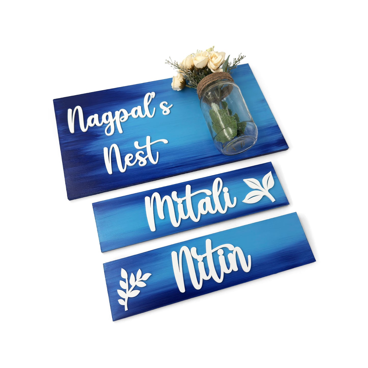 Hand-Painted Wooden Name Plate With Jar For Home - Jar Board & Two Planks