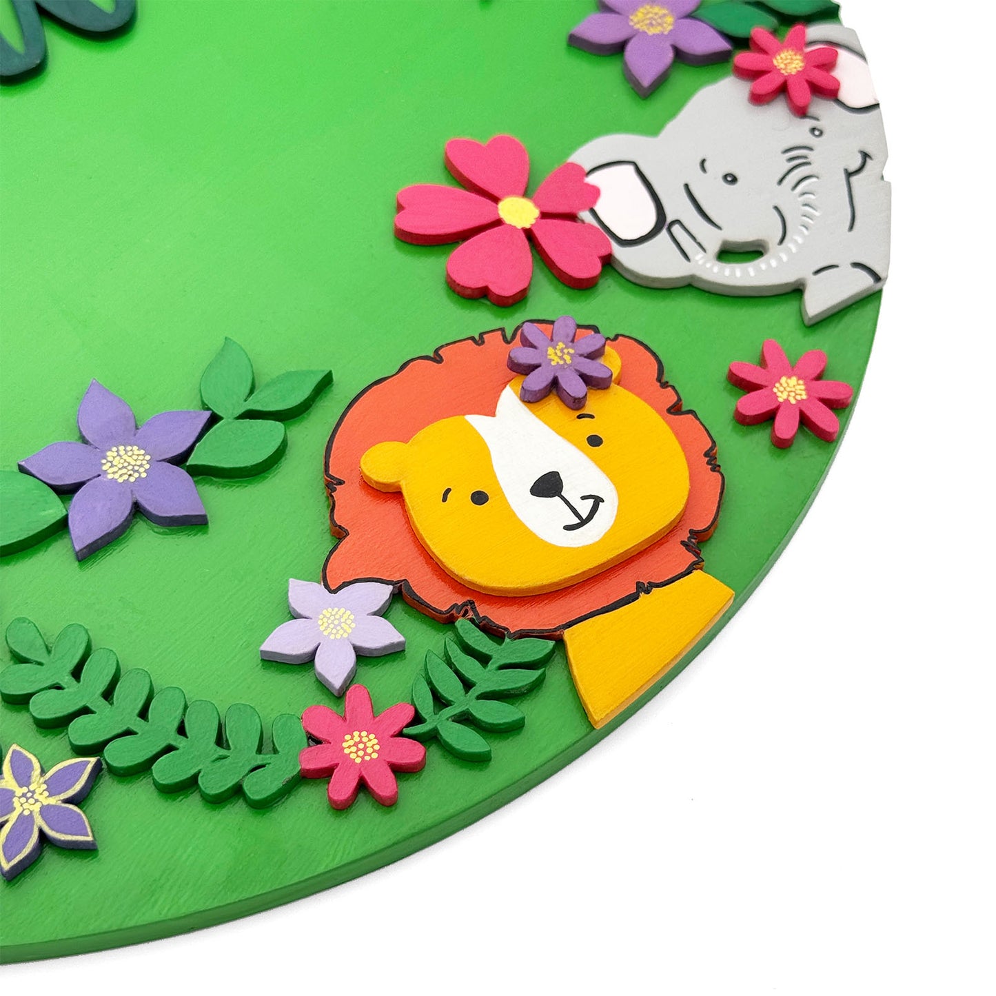 Animal Themed Hand-Painted Wooden Round Kids Name Plate - Design 2