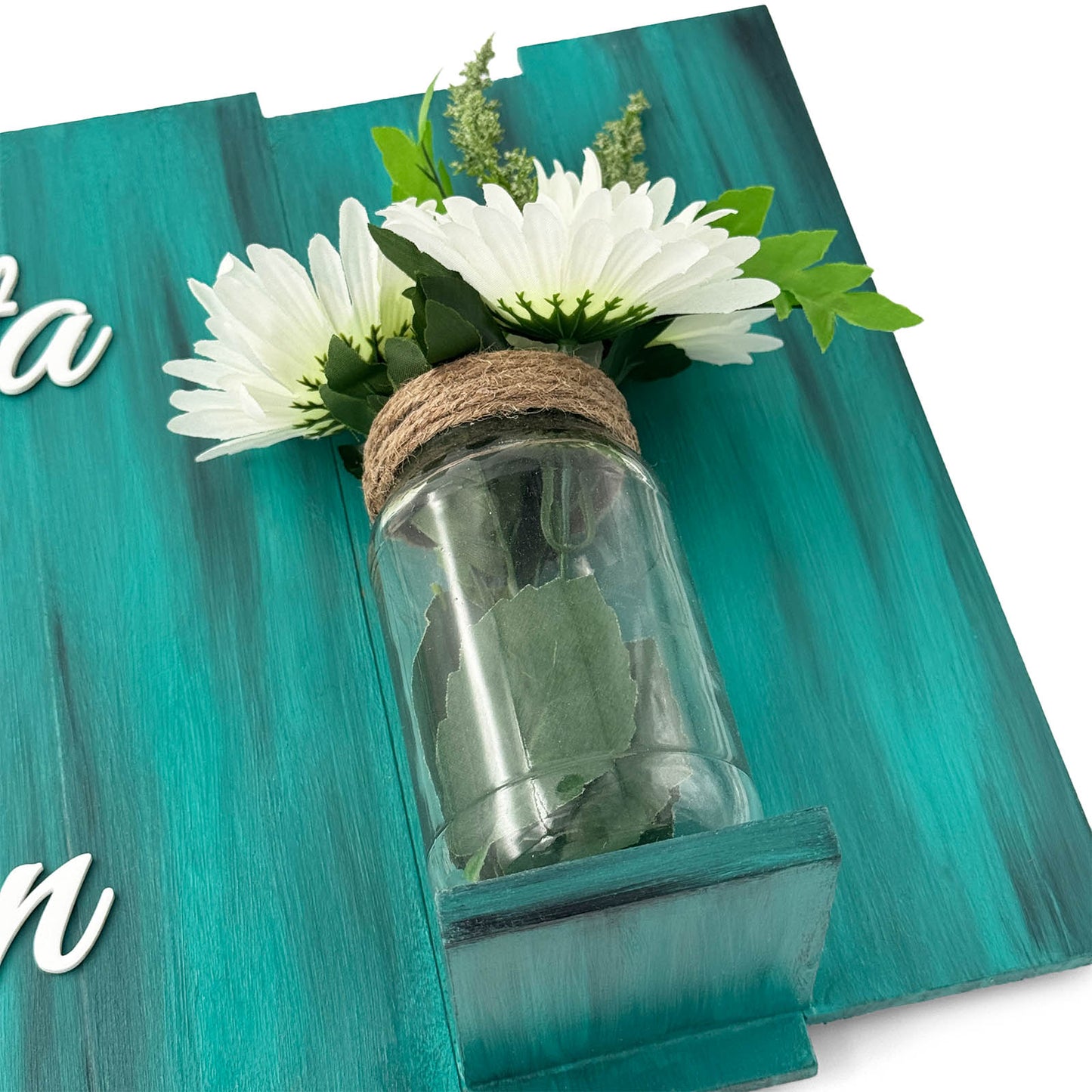 Teal Hand-Painted Wooden Name Plate With Jar For Home - Design 2