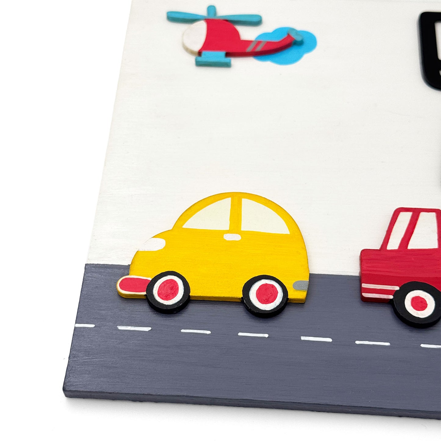 Vehicles Themed Hand-Painted Wooden Kids Name Plate - White