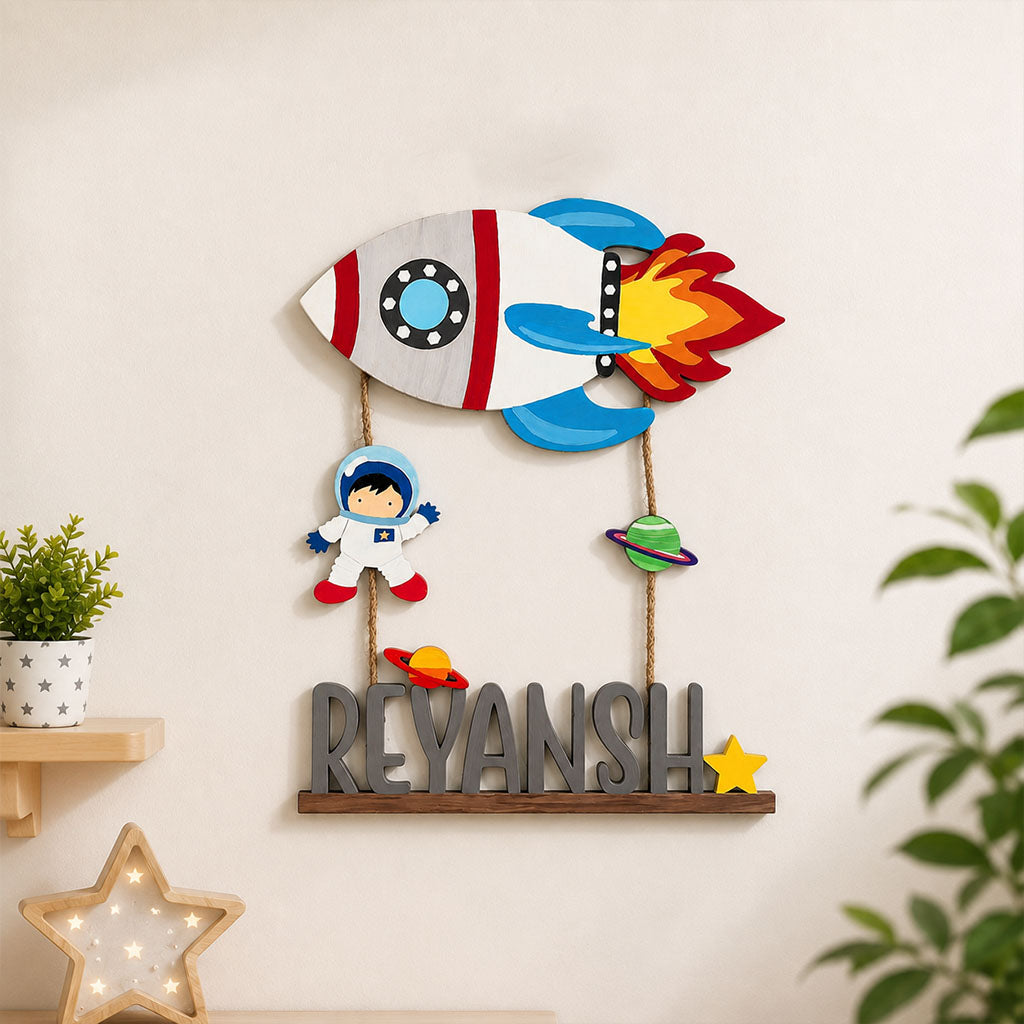 Rocket Themed Hand-Painted Wooden Kids Name Plate - Design 1