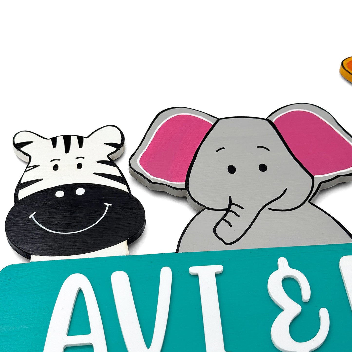 Animal Themed Hand-Painted Wooden Kids Name Plate - Teal