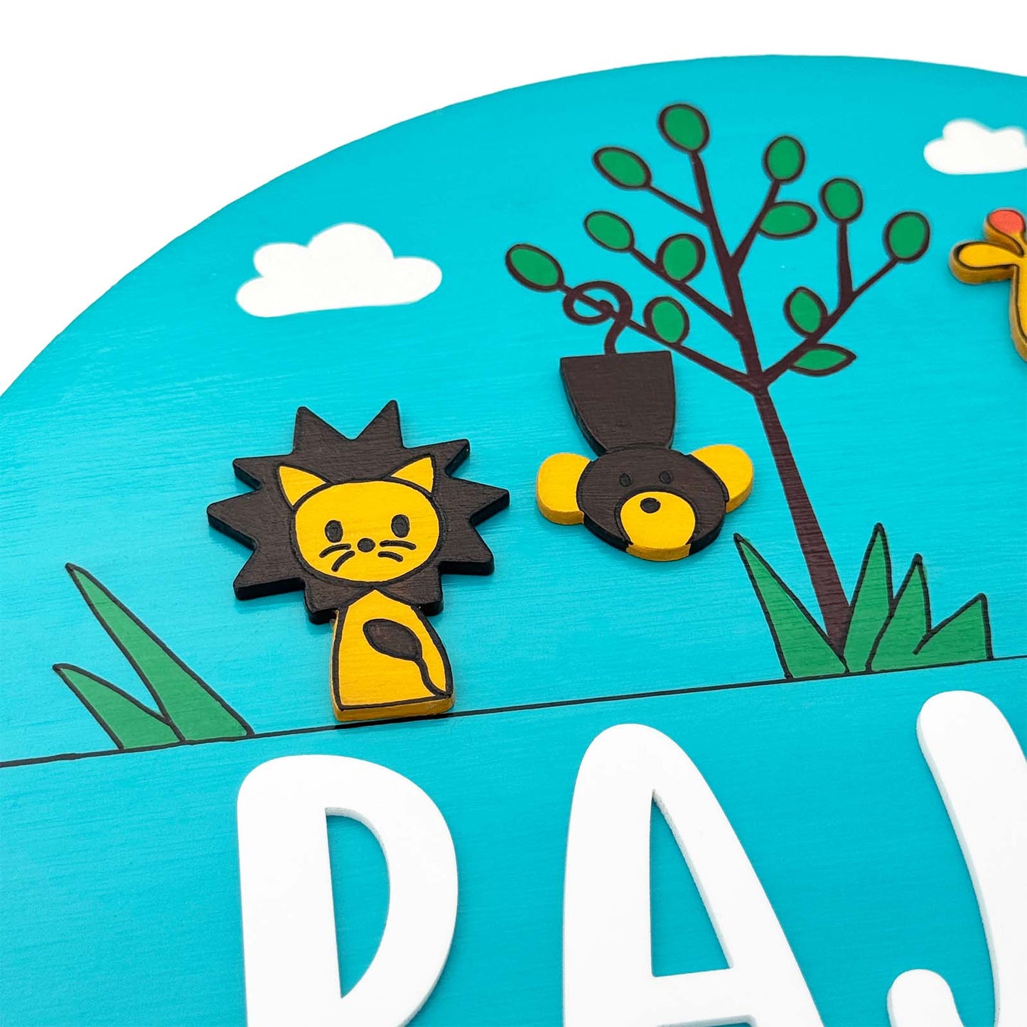 Animal Themed Hand-Painted Wooden Kids Name Plate - Blue