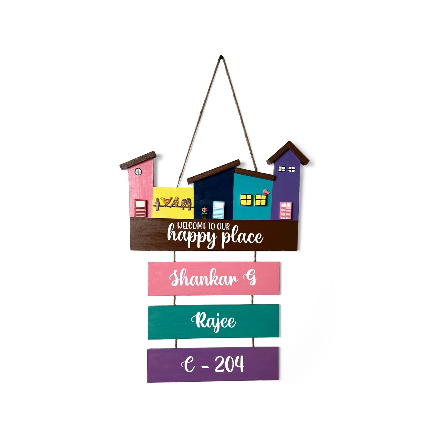 Hut-Shaped Hand-Painted Wooden Name Plate For Home - Hut Board & Three Planks Design 6