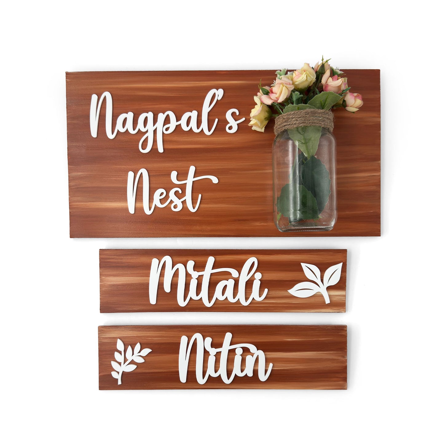 Hand-Painted Wooden Name Plate With Jar For Home - Jar Board & Two Planks