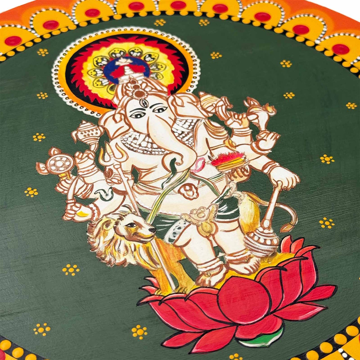 Ganpati Ji Hand-Painted Wooden Mandala Wall Hanging - Green