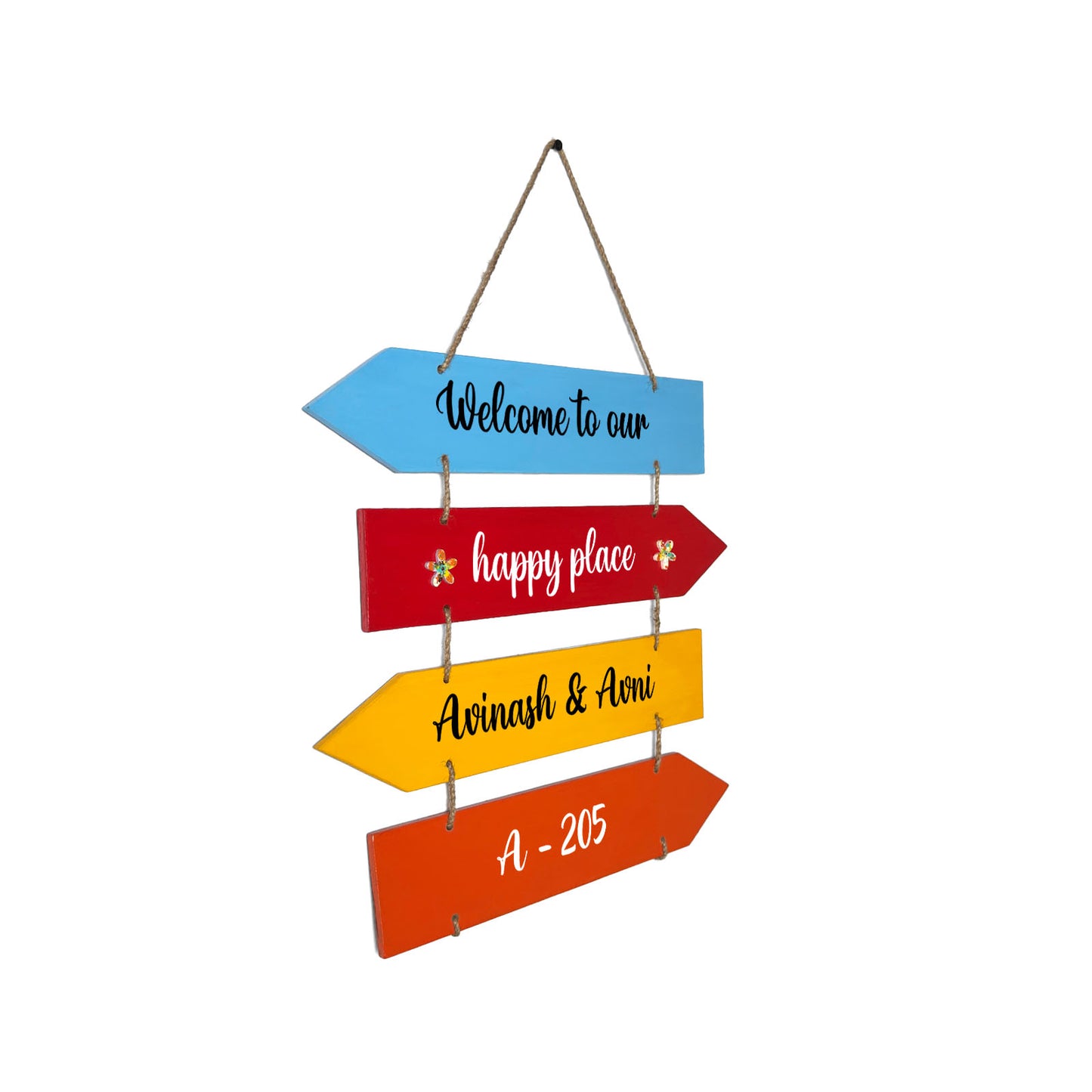 Welcome To Our Happy Place Hand-Painted Wooden Arrow Plank Name Plate For Home - Four Planks