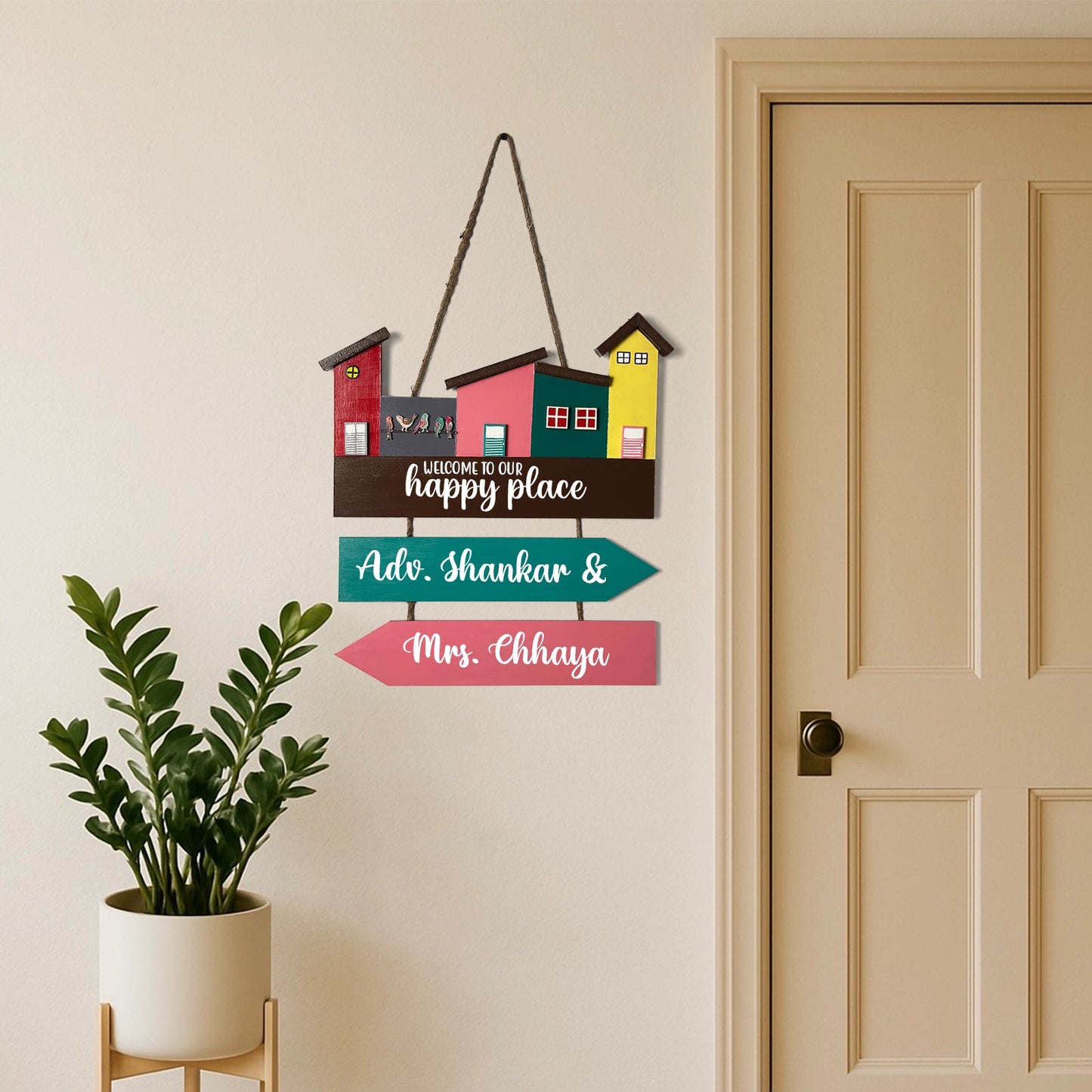 Hut-Shaped Hand-Painted Wooden Name Plate For Home - Hut Board & Two Planks Design 4