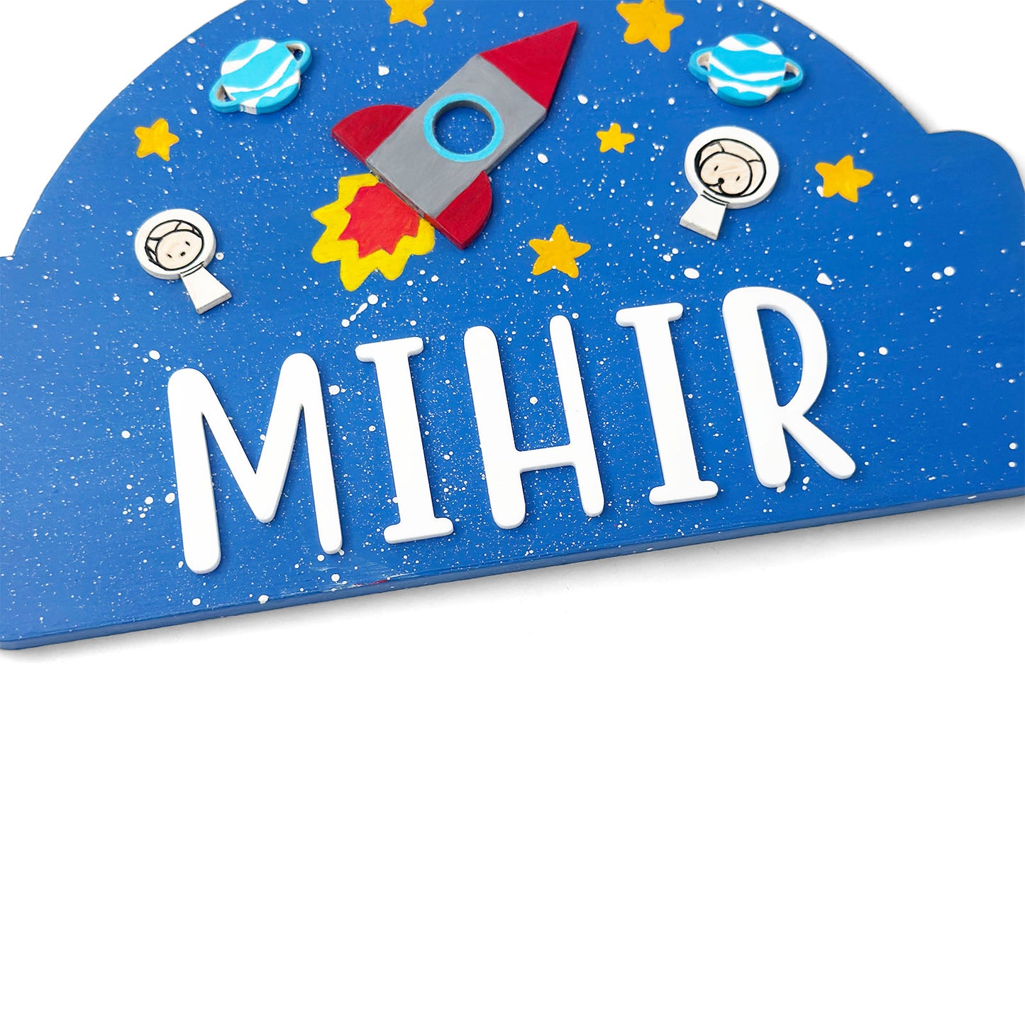 Space Themed Hand-Painted Wooden Arch-Shaped Kids Name Plate - Design 2