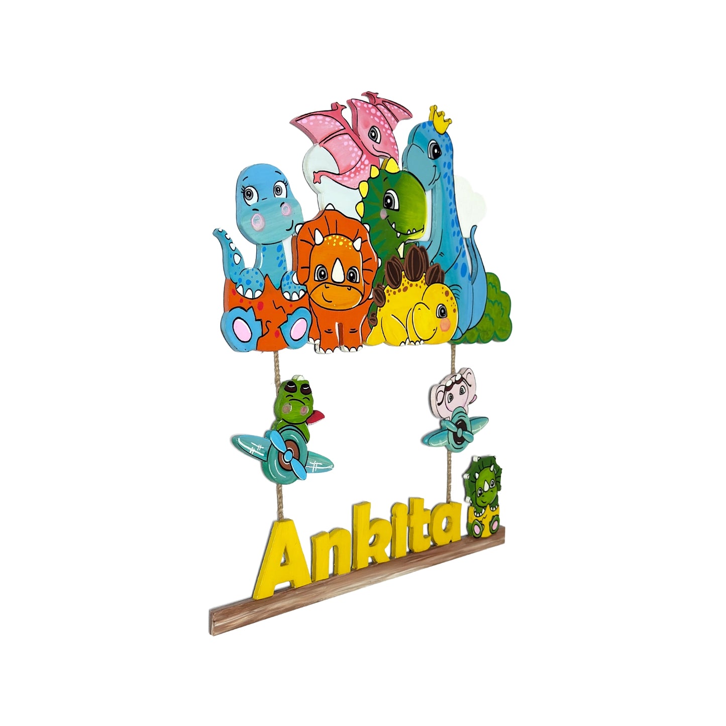 Dinosaur Themed Hand-Painted Wooden Kids Name Plate