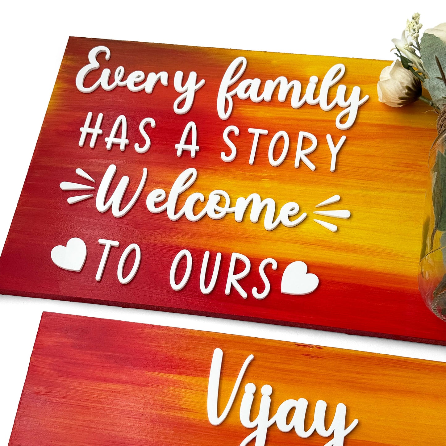 Every Family Has A Story Welcome To Ours Hand-Painted Wooden Name Plate With Jar For Home - Jar Board & Two Planks